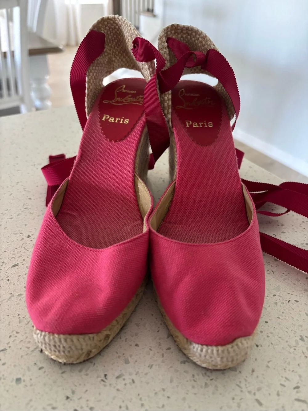 Christian Louboutin Canvas Wedge Espadrilles Fuschia Pink Brigitte Ribbon Ankle